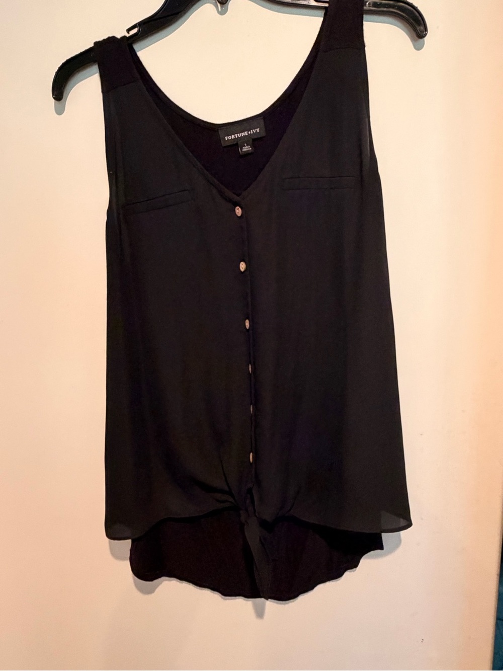 Fortune & Ivy Black V-Neck Button-Front Tie-Hem Camisole